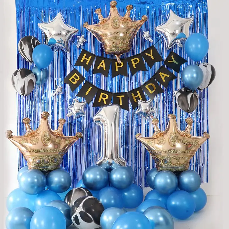 1-9-year-old Blue Metal Balloon Set Blue Latex Balloon Crown Balloon Birthday Party Decoration Children's Wedding Birthday Baby