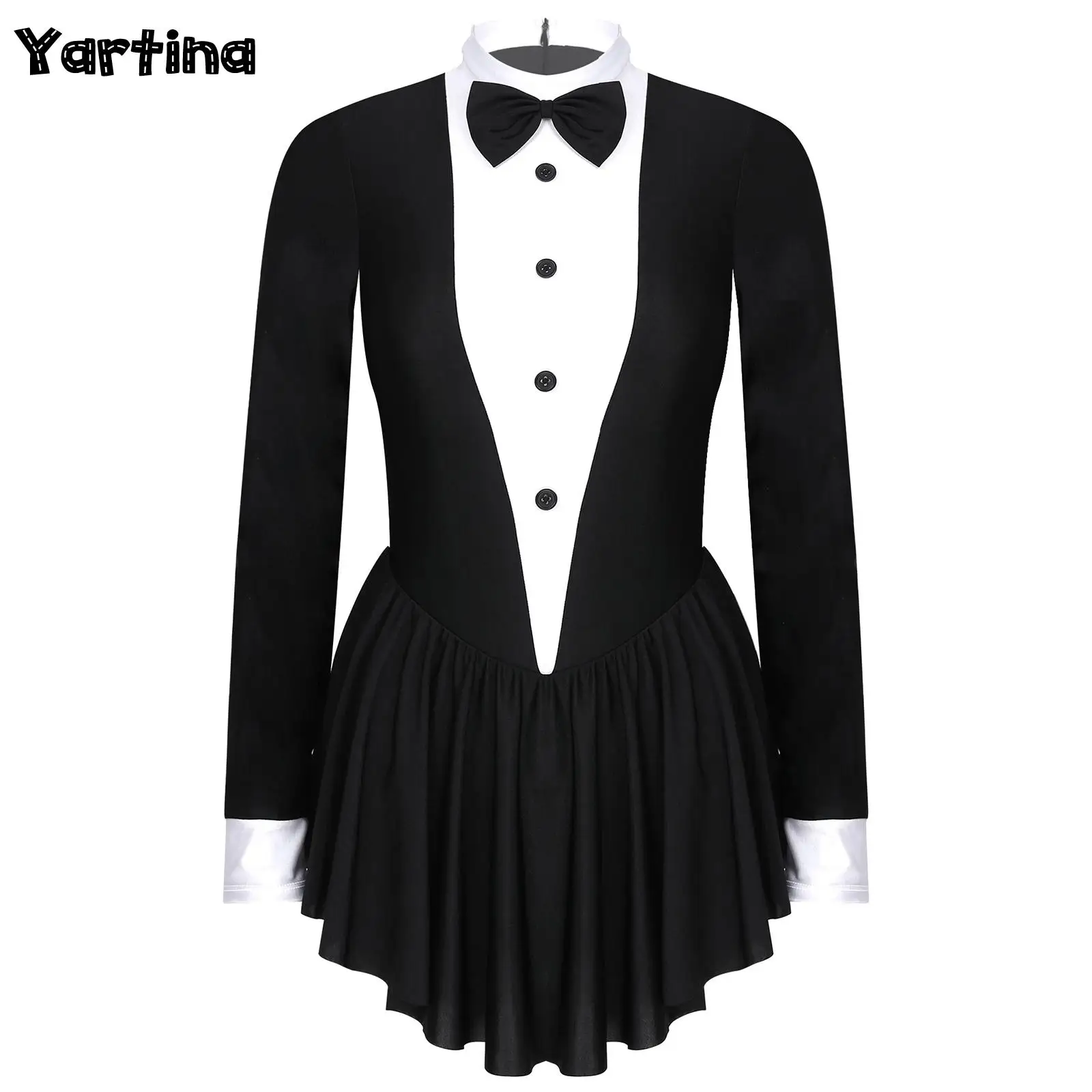 

Womens Magician Leotard Adult Tuxedo Outfit Figure Skating Magician Waitress Cosplay Party Costume Long Sleeve Ballet Tights