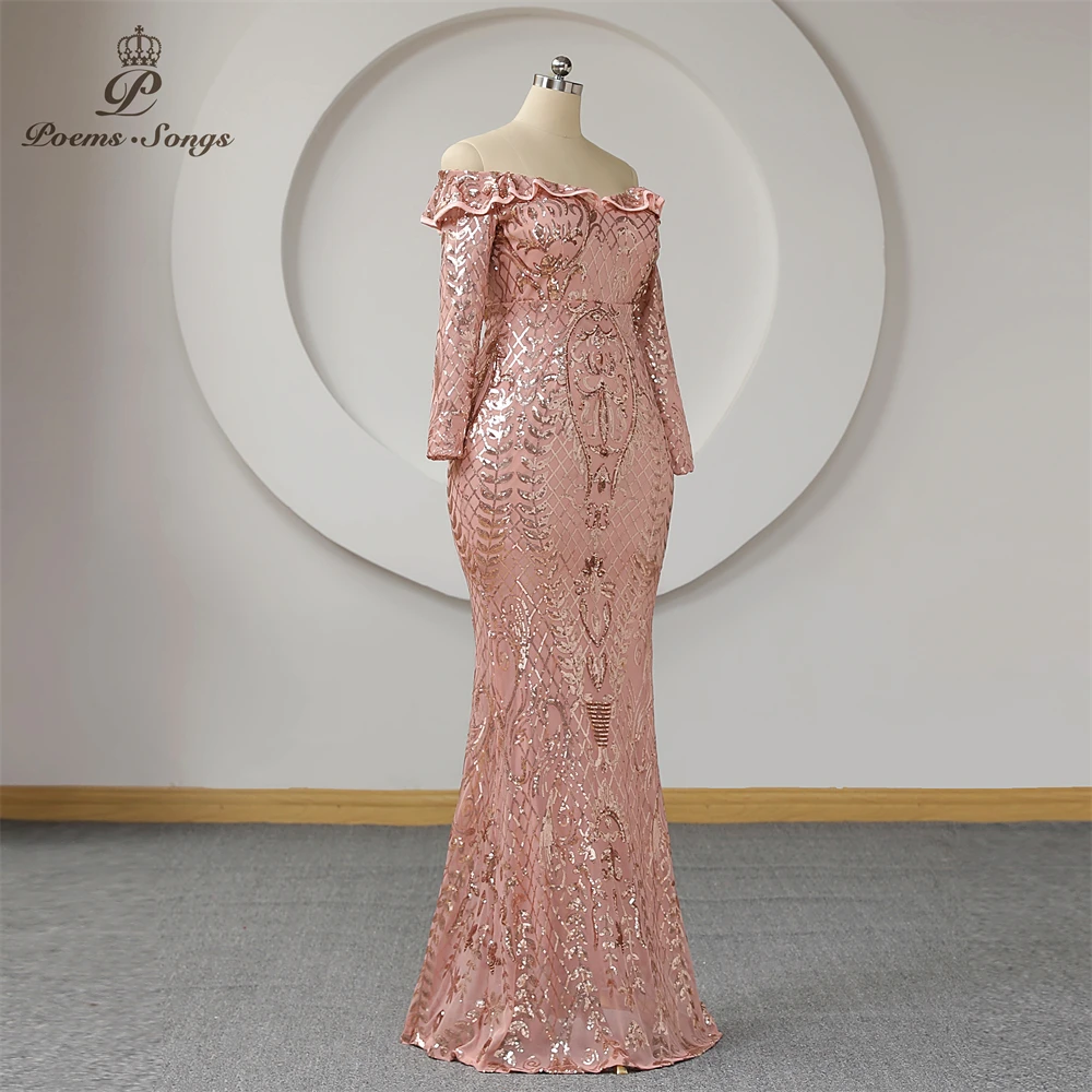 Rose Gold Sequins Long Sleeves Evening Dress Mermaid Ruffle Off Shoulder Plus Size Women Trumpet Prom Dresses Party Maxi dress