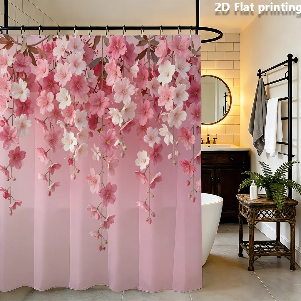 2D Flat, 1pc 2D Flat Printing Curtain Shower with Pink and White Cherry Blossoms on Pink Background Suitable for Multiple Scenes