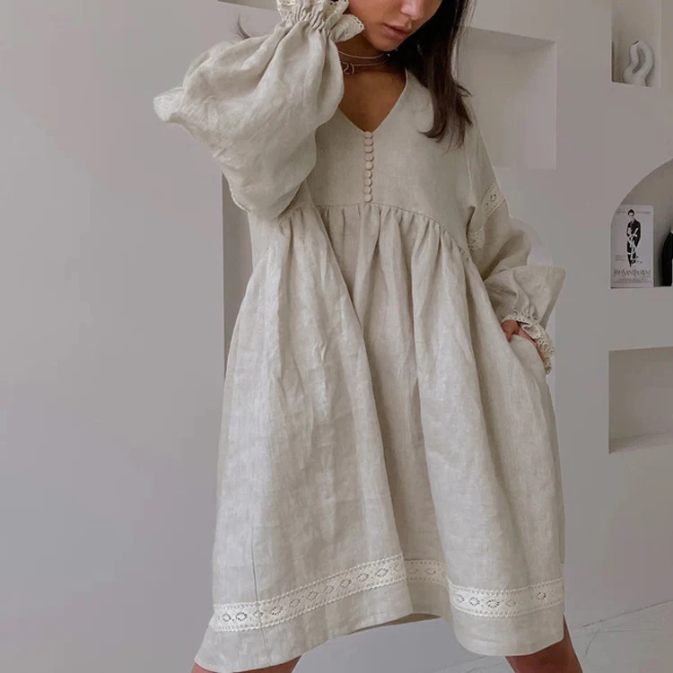 2024 New Sexy V-Neck Dress Puff Long Sleeve Loose Style Cotton And Linen Women Summer Dress Bohemian Mini Dress