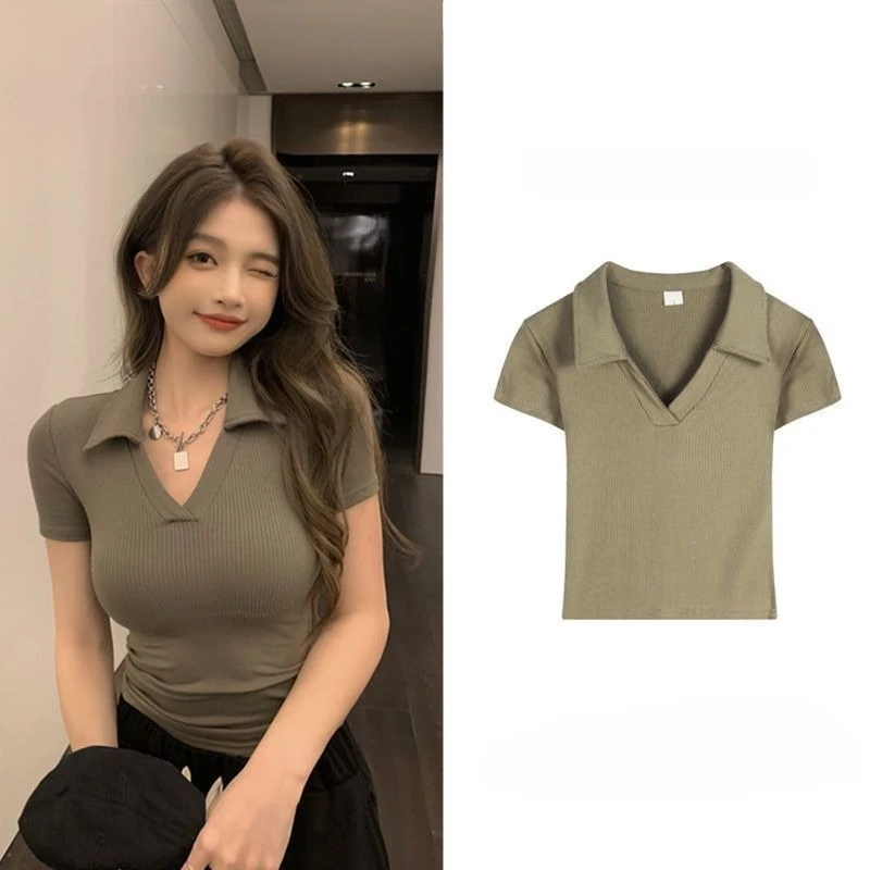 

Polo Golf Shirt V-Neck Short Sleeve T-Shirt Women's Summer Harajuku Design Y2K Slim-Fit Base Layer Cropped Top Straight Shoulder