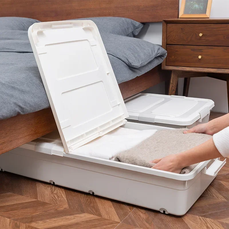 

z Wheeled with Cover Bed Bottom Storage Box Pulley Quilt Clothes Storage Organizer Flat Plastic Under-Bed Storage Organization