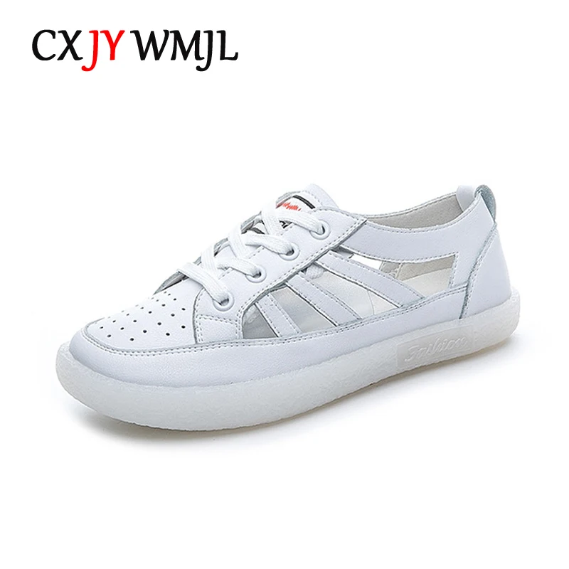 CXJYWMJL Genuine Leather Women\'s Mesh Sneakers Summer Breathable Little White Shoes Ladies Soft Sole Vulcanized Shoes Flats