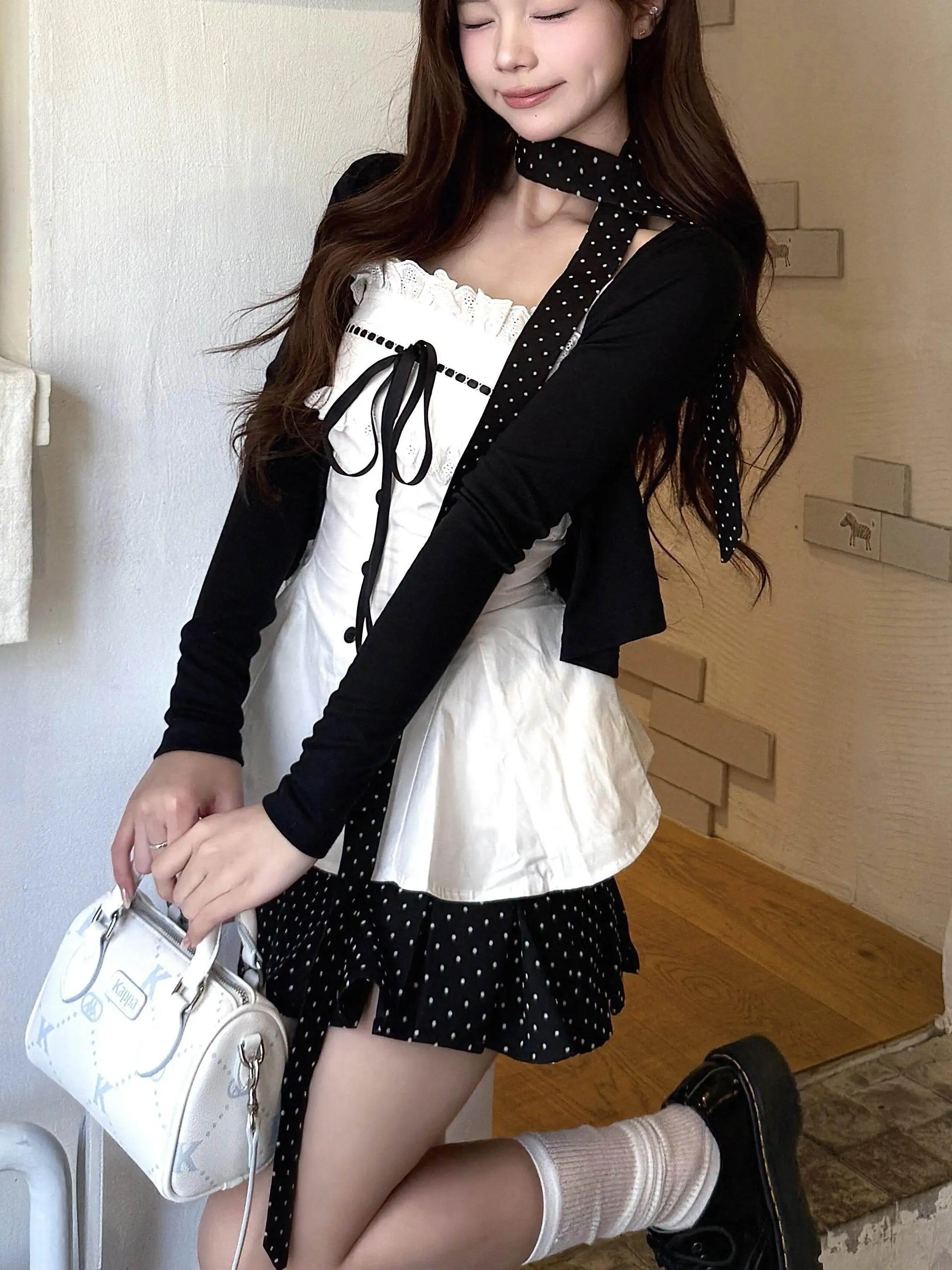 

Early Spring Korean Style Women's Fashion Set with Ruffle Knot Camisole Dot Short Skirt Breathable High Waist