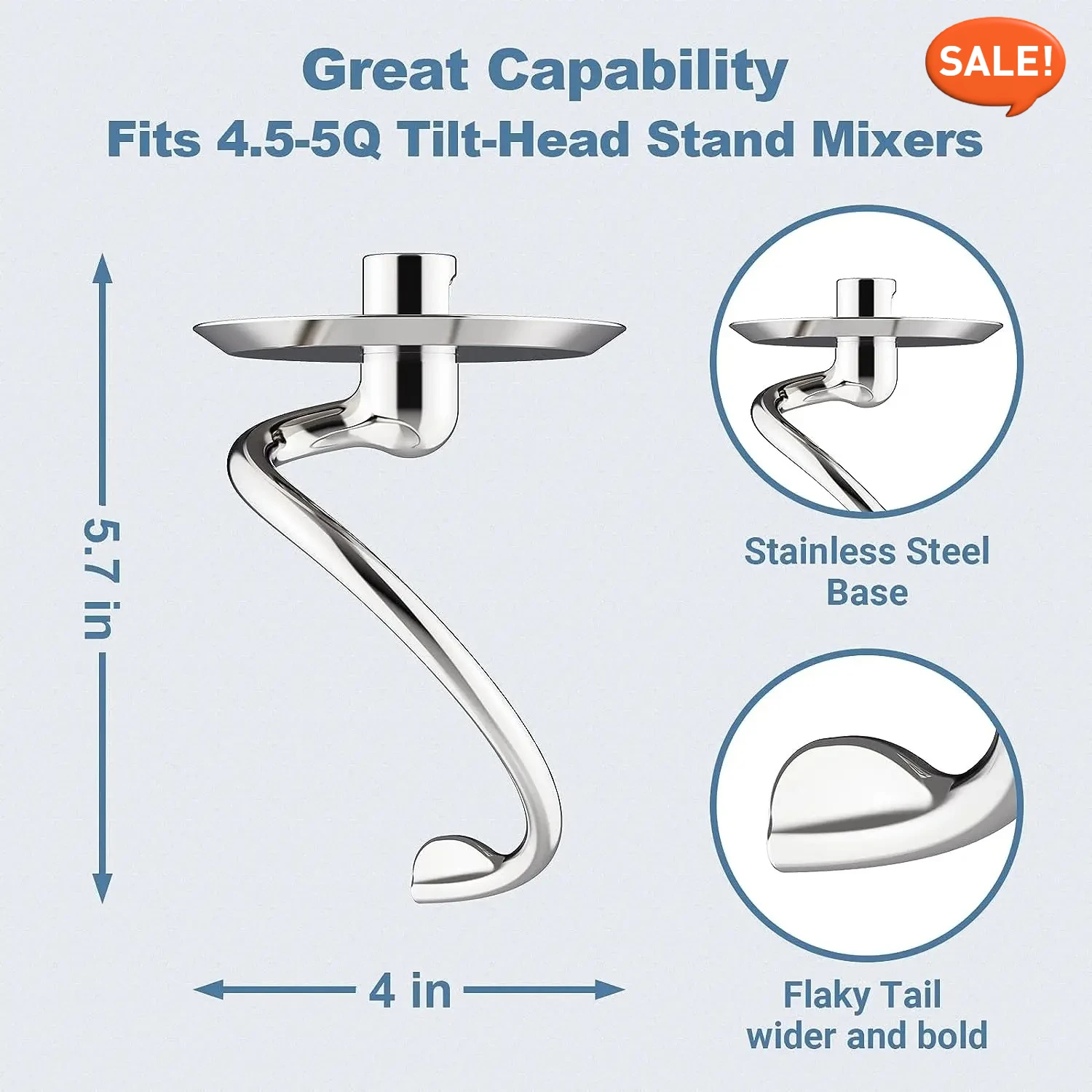 

KitchenAid Spiral Dough Hook 4.5-5QT | Dishwasher Safe Mixer Attachment | Tilt-Head Stand Mixer Compatible