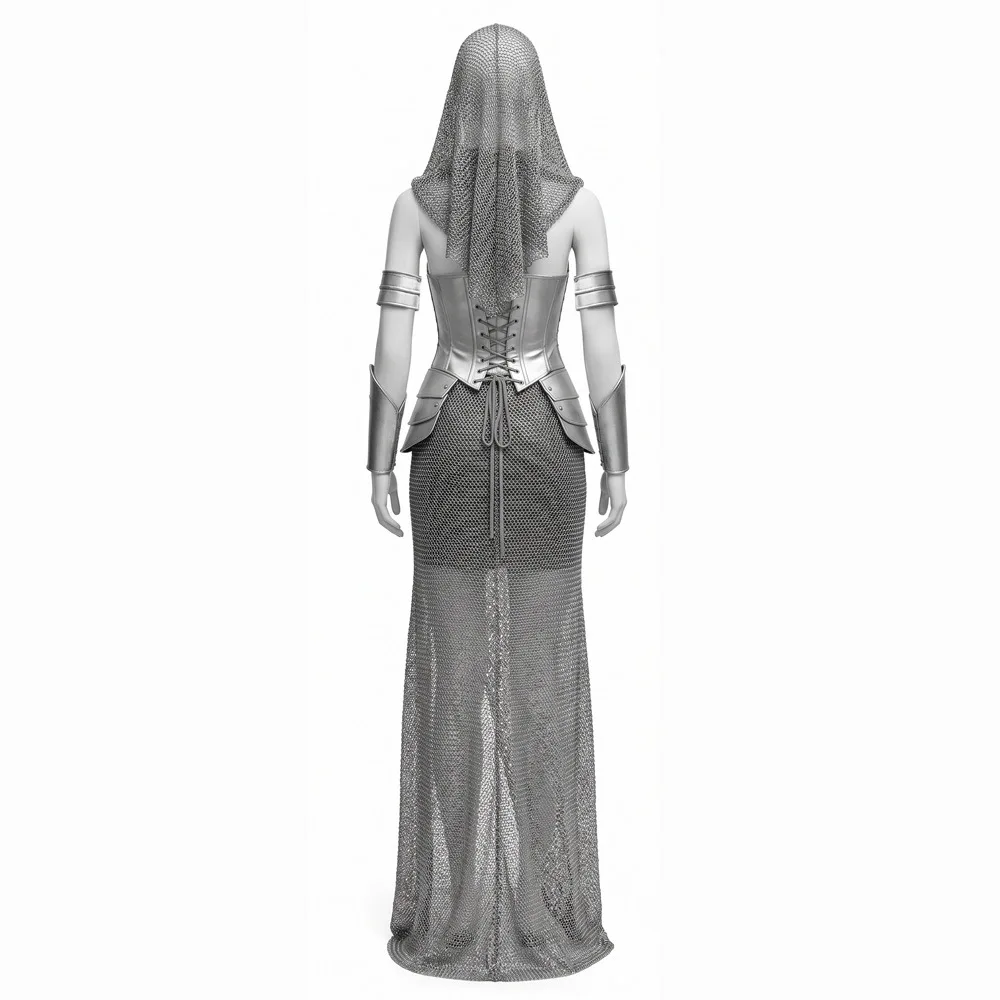 Medieval Women Knight Cosplay Retro Chain Mail Hooded Armor Top Skirt Bracelet Outfits Halloween Carnival Party Suit for Female - view 2