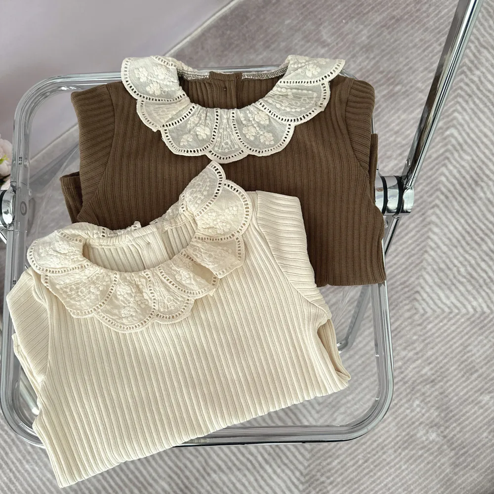 Baby Girls Shirts With Lace Collar Toddler Girl Ribbed T-shirt Kids Autumn Clothing Top 1-7Y