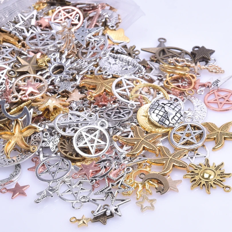 Random Mix Star Moon Sun Series Alloy Charms Bronze,Rose Gold/Silver Color Pendant Fit DIY Jewelry Making Necklace Bulk Supplies