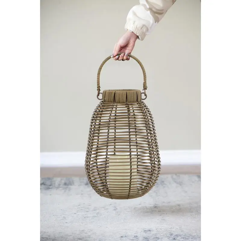 

Brown Poly Rattan Lantern with White LED Candle and Timer Function, 7.9x7.9x10.6 inches, Perfect for Indoor/Outdoor Decor,