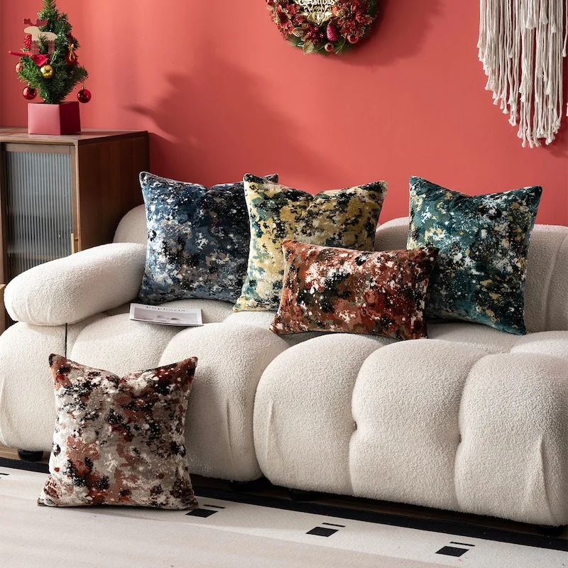 Luxury Abstract Watercolor Throw Pillow Cover Plush Velvet Jacquard Cushion Case Modern Living Room Decorative Pillow For Sofa
