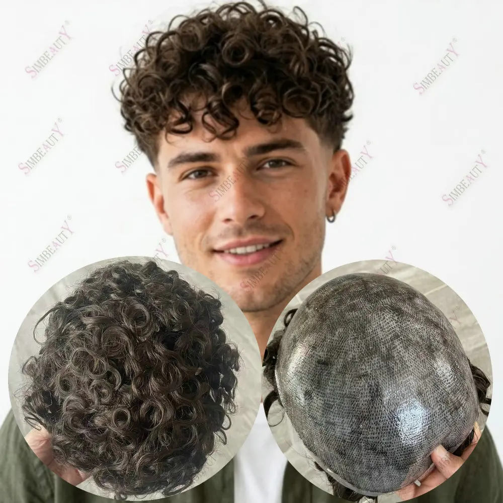 20MM Curly Men's Toupee Brown Human Hair Replacement System for Men Durable Thin Skin Prosthesis Grey 1b20 1b80 Man Hairpieces