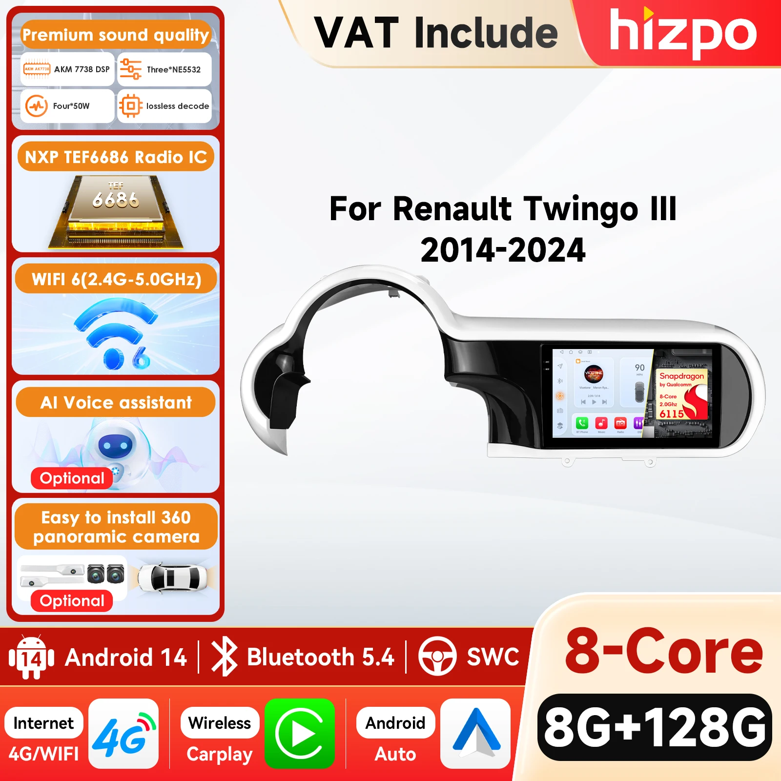 Hizpo Snapdragon Screen 2 Din Autoradio Android Lecteur Multimédia pour Renault Twingo 3 Ⅲ 2014 - 2024 Audio Carplay GPS Stéréo FM