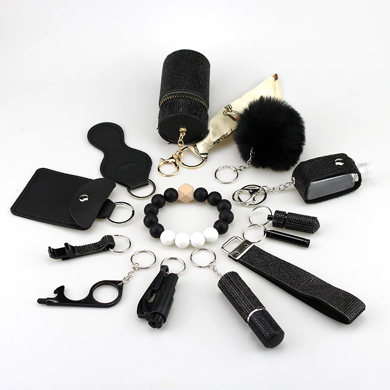 13pcs Set Women Outdoor Self-defense Flashlight  Alarm KeyChain Jewelry Accessories Bottle Convenient Hairball Pendant