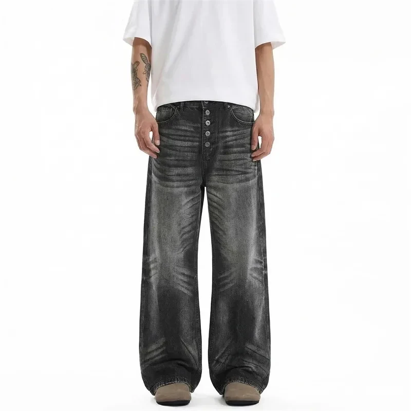 

High End Men's Baggy Jeans American Casual Gradient Wash Button Fly Minimalist Wide Leg Denim Pants Chic Trousers
