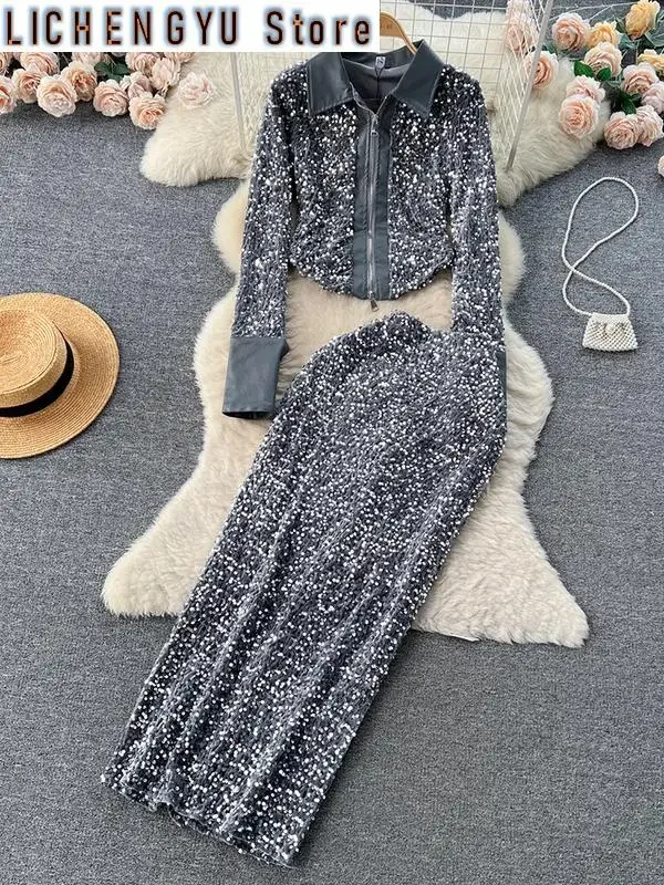 

sweet casual two piece set for women lapel zipper long-sleeve coats sequins hip warp skirts suit winter spring