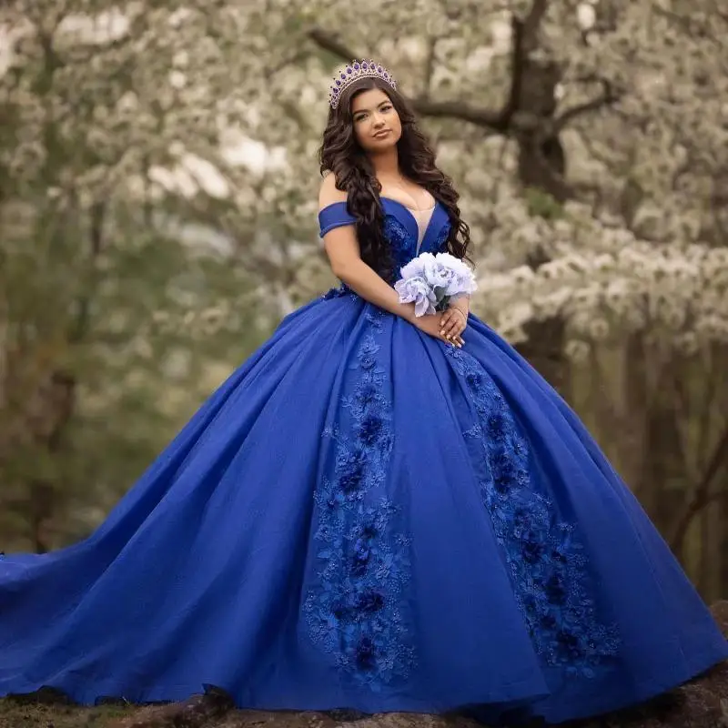 Vestido Quinceanera azul royal frisado para meninas, doce menina, flores artesanais, festa de formatura, vestido de formatura, 15 anos