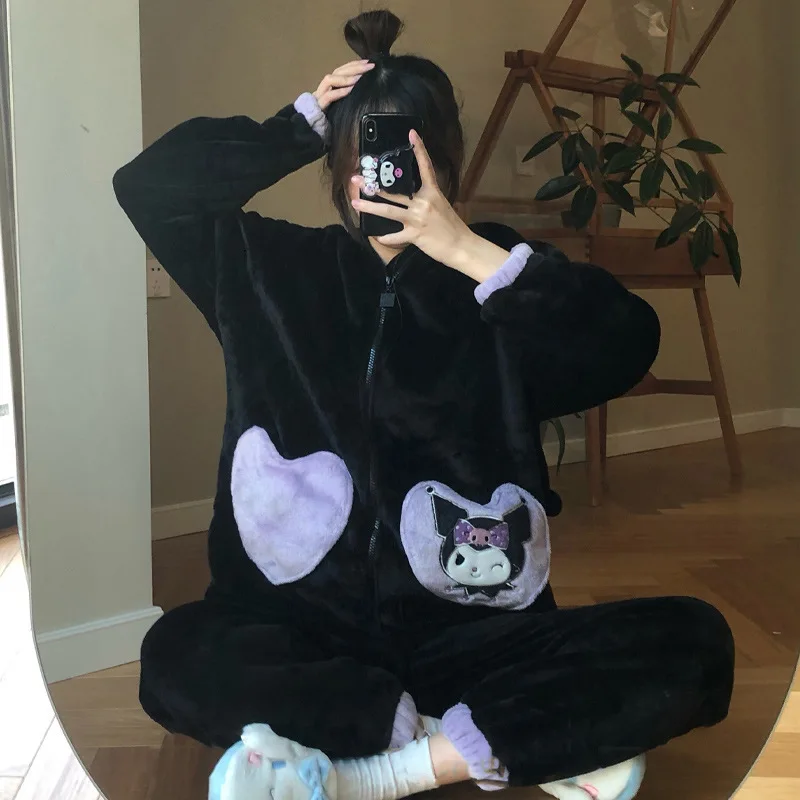 2Pcs Cute Kuromi Hooded Pajamas Sanrioed Anime Cartoon Y2K Plush Homewear Sleepwear Girl Tops Pants Autumn Winter Nightwear Set