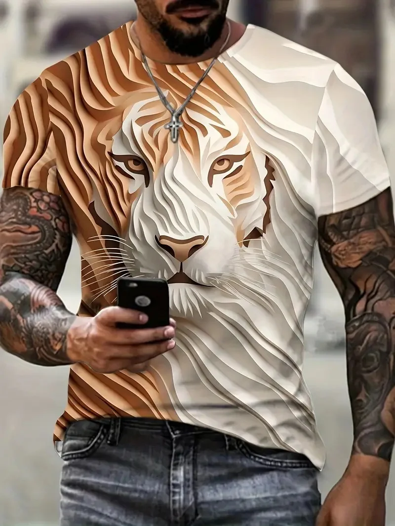 3D Plus Size Men\'s Lion Print T-shirt Summer Short Sleeve Crew Neck Tees Shirts For Men New In Animal Lion Graphic Tshirts Tops