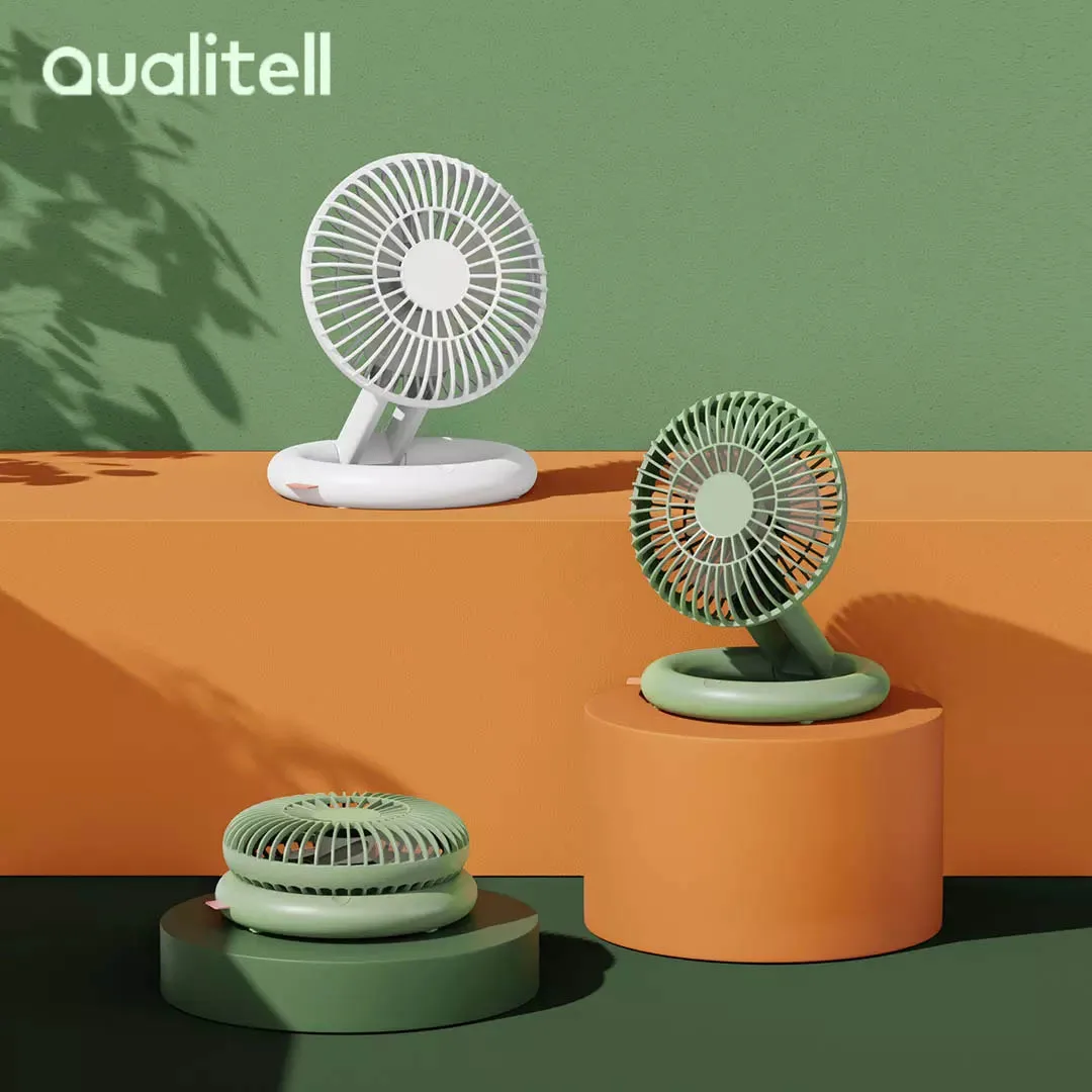 Qualitell Folding Fan Mute 3-Speed Adjustable Rechargeable Handheld Desktop Small Fan Hanging Outdoor USB Portable Fan