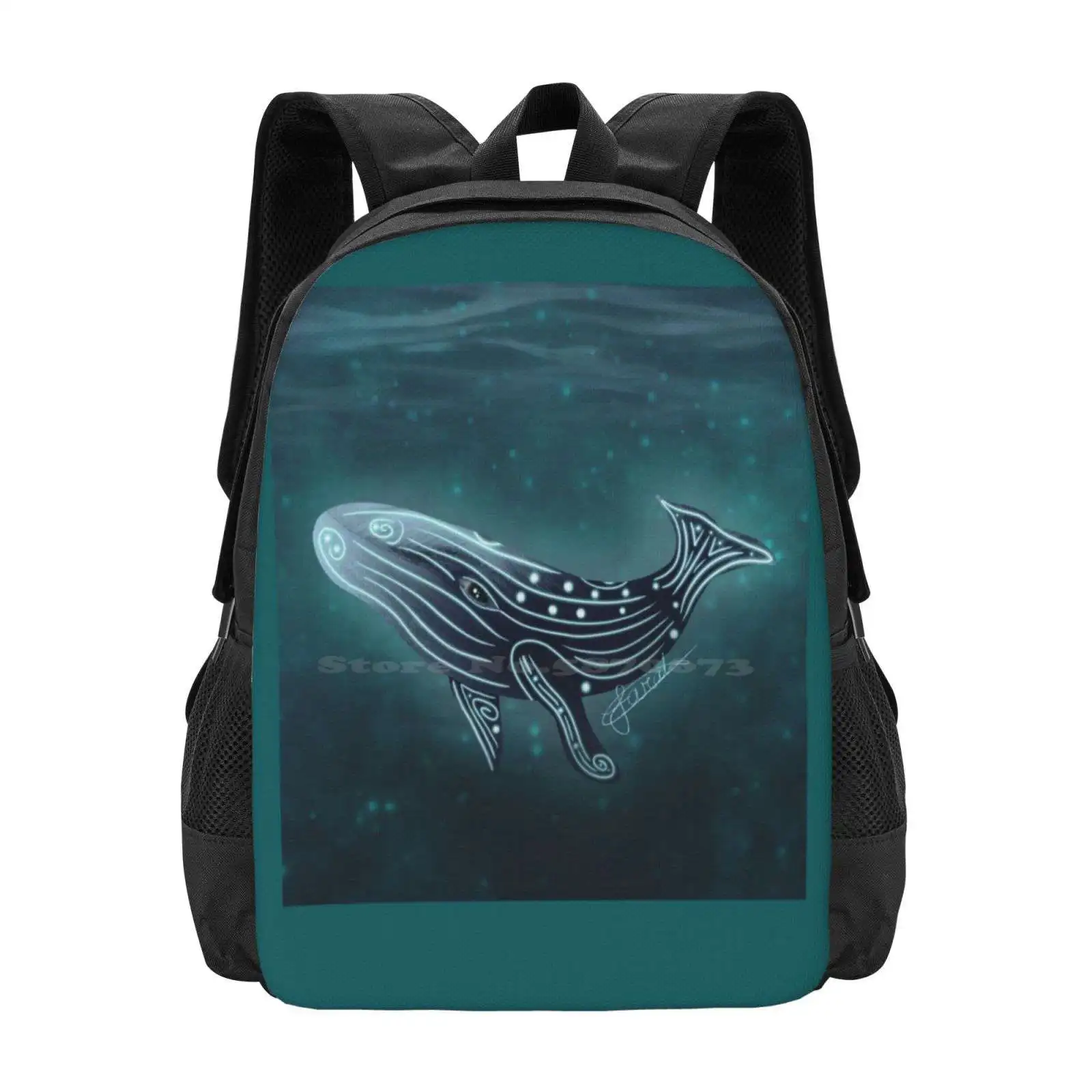 Mochila escolar para viagens e laptop, bioluminescência, baleia marinha brilho, mar oceano azul