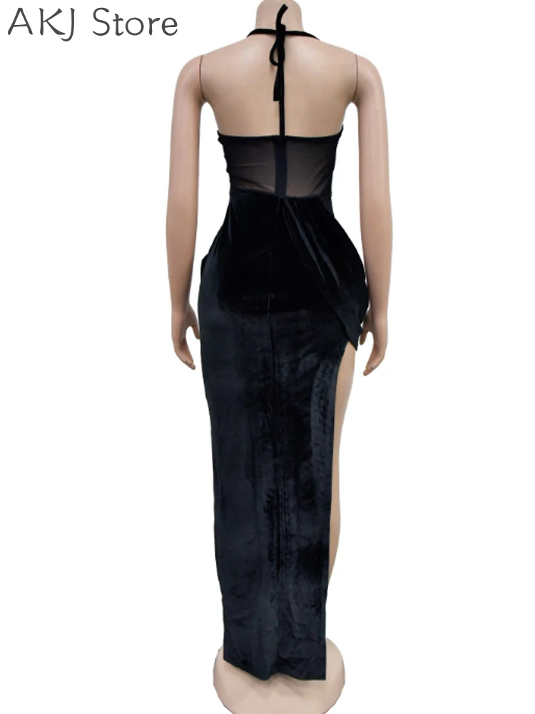 Sexy One Shoulder Velvet Party Dress Sheer Mesh Patchwork Sleeveless Backless Irregular Long Dress