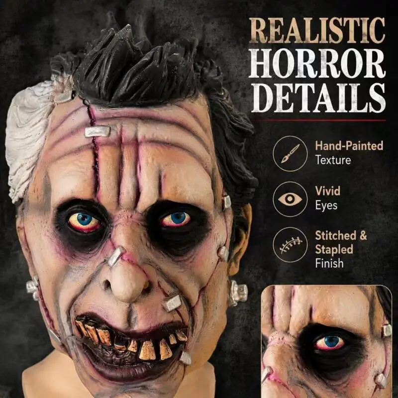 Creepy Zombie Monster Mask Halloween Horror Stitched Face Mask with Bolts Scary Latex Mask for Adults Costume Dress