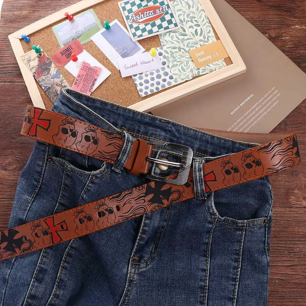 Correa de cuero PU para hombre y mujer, accesorio de estilo Punk, con patrón de calavera y esqueleto cruzado, estilo coreano, informal