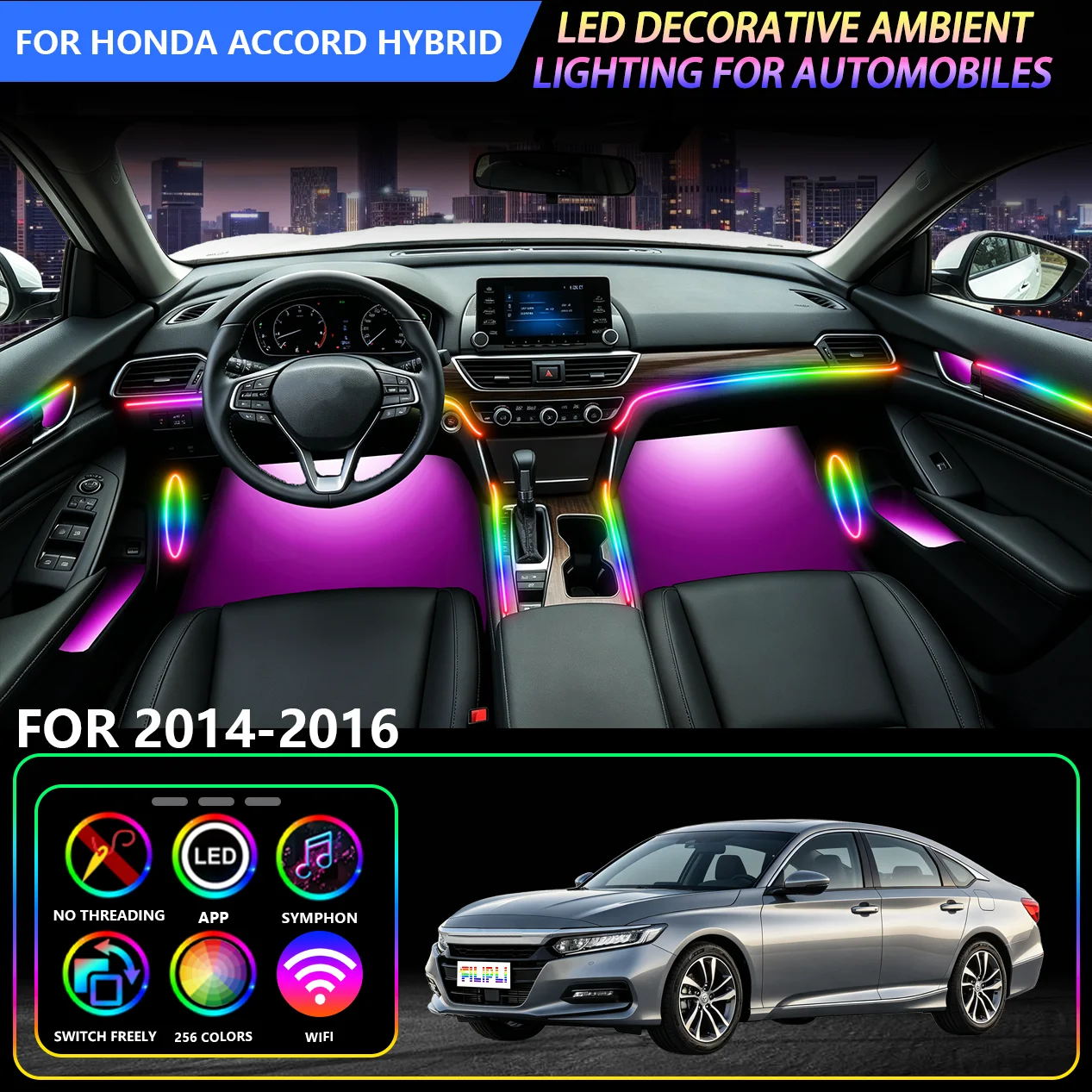 6-in-1-Rainbow Car Interior Lighting equipment, Interior LED Ambient Light Strip, Suitable for Honda Accord Hybrid 2014-2016, Application Control, Supports APP Control, Music Mode, Frequent Mode Switching Does Not Affect Stability