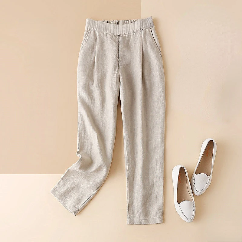 Womens Pants Solid Clothing Harem Trousers Woman Linen Elastic Waist with Pockets Autumn Chic and Elegant Classic Casual Outfits