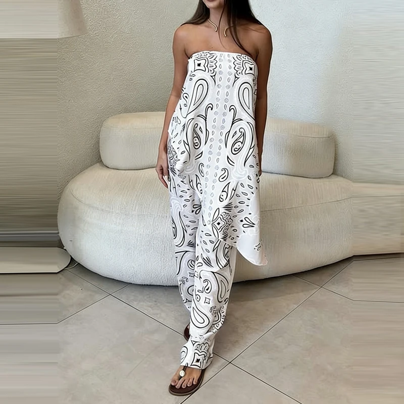 

Летний гавайский повседневный комплект из двух предметов: элегантный женский простой комплект, модный топ-бюстье с принтом и брюки с асимметричным кроем