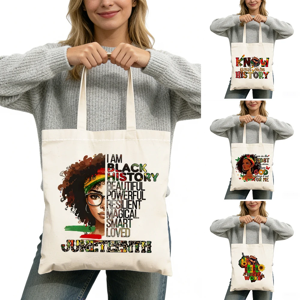 

Afrocentric Art Lady Shopper Satchel Double Print Black Power Women Daily Use Tote Bag Black Heritage Girl Shopping Bags 40x45cm