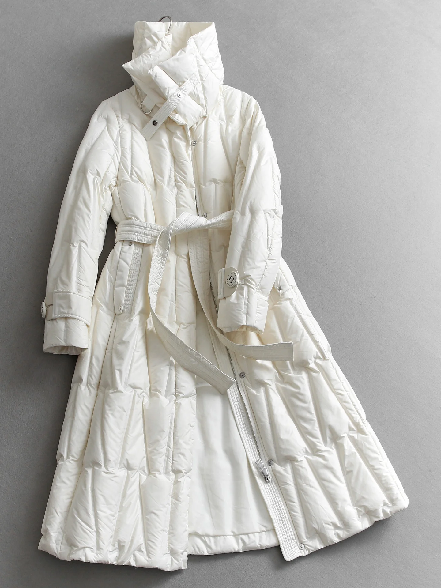

Warmth Pure Color Double Layer High Collar Pressed Gel Waist Belt Slim over Knee Long down Jacket Long Sleeve Women's Coat Q998