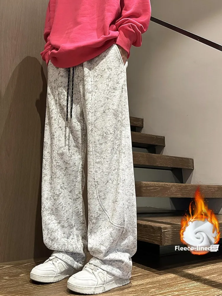 

American Retro Men's Winter Thiened Fce Sports Pants Straight Leg Wide Leg Casual Trousers Youth Faion Brand