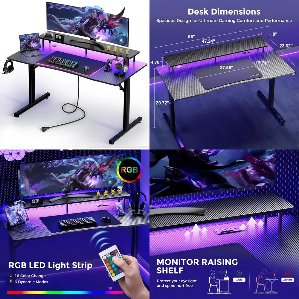 

55 Inch LED-lit Gaming Desk with Monitor Stand and Power Outlet, Large Ergonomic Carbon Fiber Computer Desk