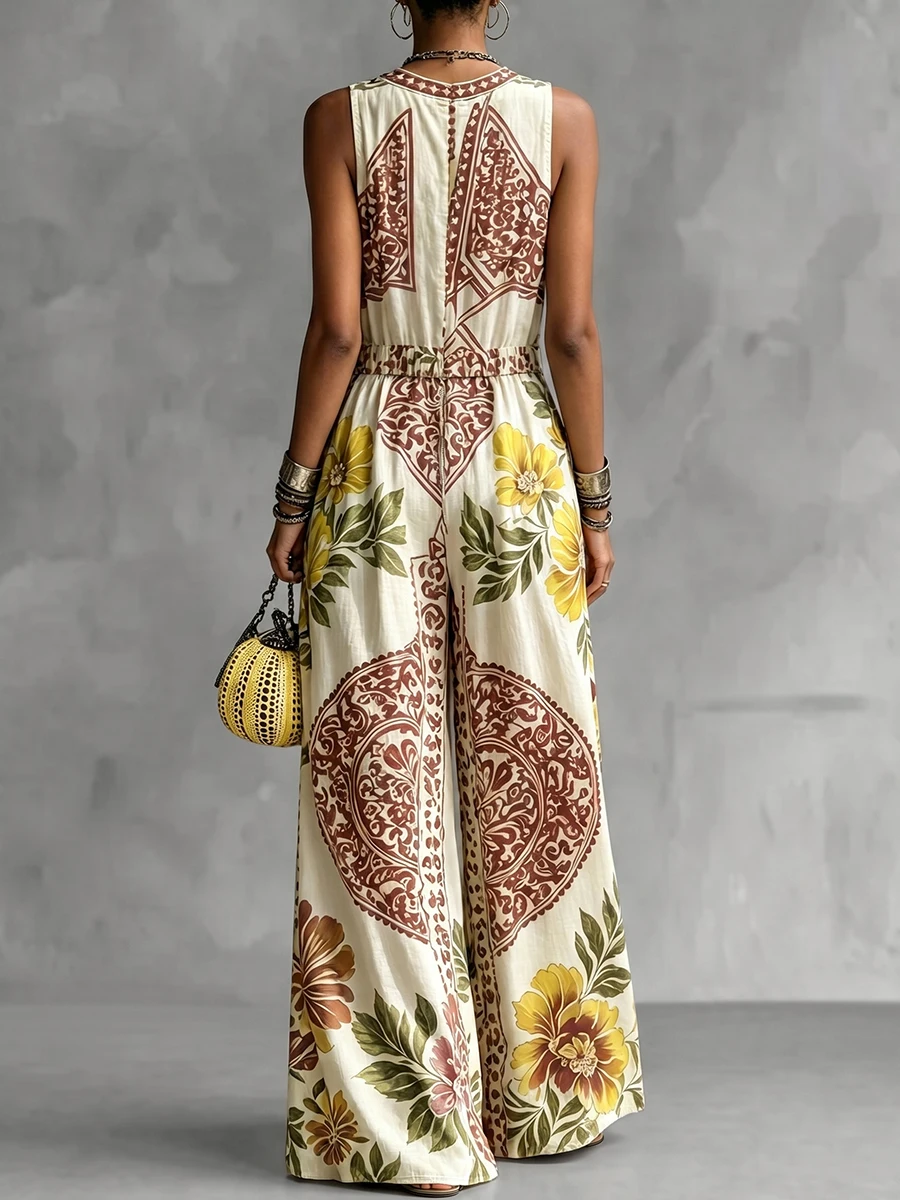Missuoo Women's Casual Bohemian Floral Print Jumpsuit Deep V-neck Sleeveless Wide Leg Full Length One-piece Suit Vacation Outfit view 3