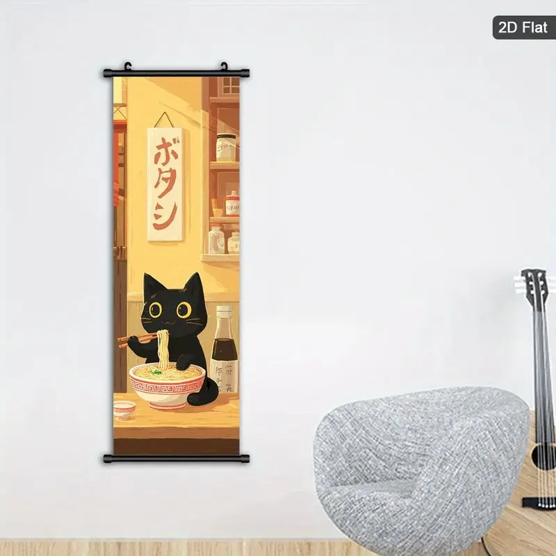 Vertical Scroll Black Cat Tapestry Cute Cartoon Hanging Cloth Fun Japanese Scroll Mural Living Room Entrance Wall Decoration
