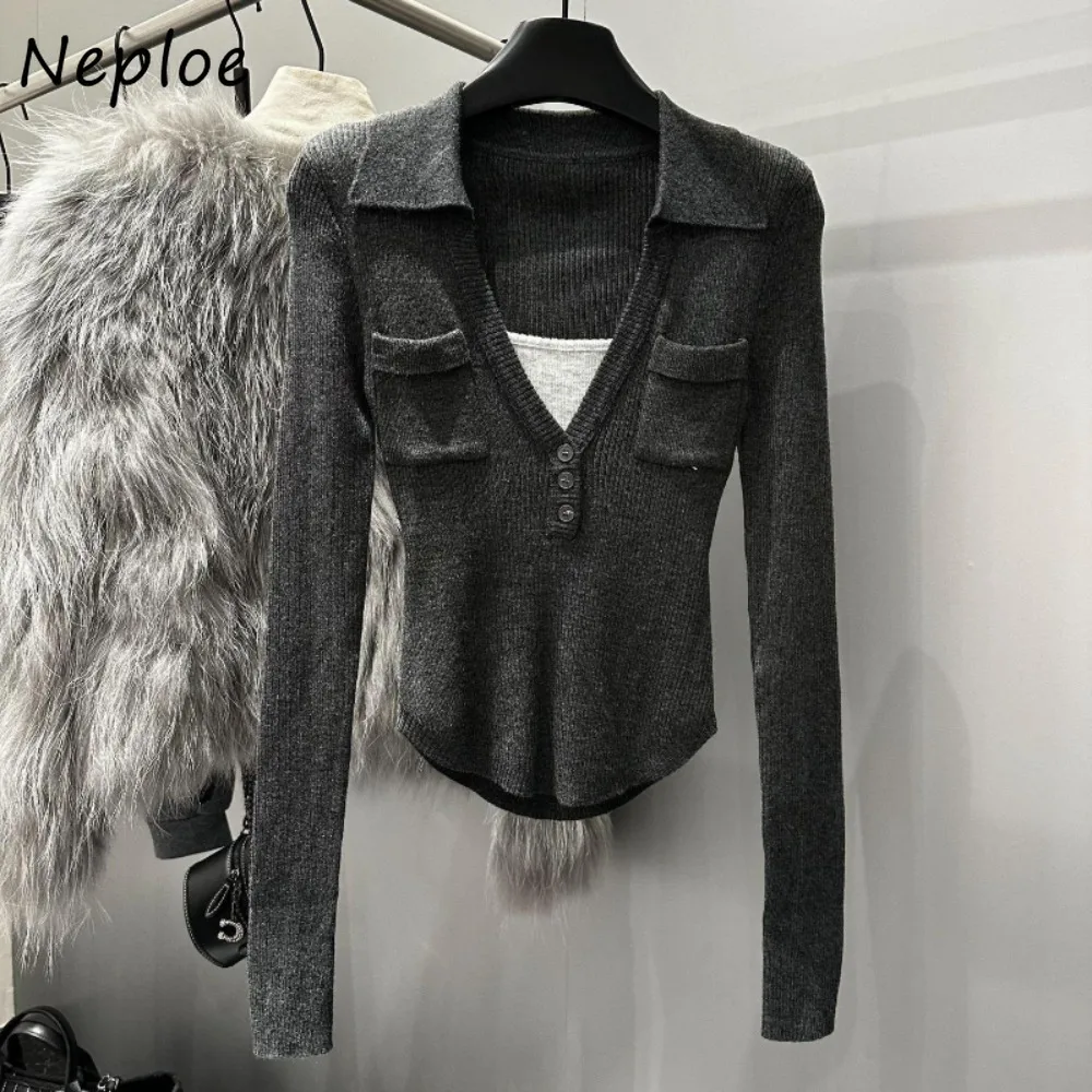 

Neploe Celebrity Elegant Korea Chic Women Jumper Fake Two Pieces Patchwork V Neck Casual Tops Panelled Knit Slim Western Sweater