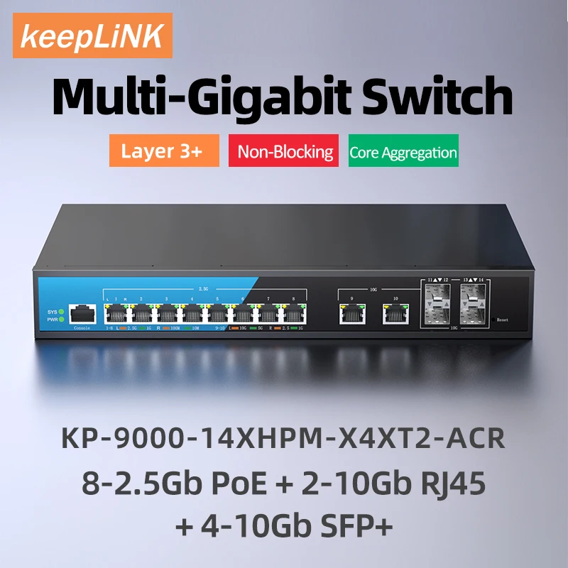 KeepLiNK 14-Port Multi-Gigabit Layer 3 Managed Switch with 8-PoE 2.5Gb Switch and 4-SFP+ 10Gb and 2-RJ45 Ethernet 10Gb Uplink