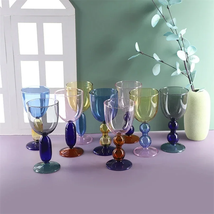 Nordic Colorful Glass Goblet Wine Glasses Bordeaux Cup Home Light Luxury Retro Oval Champagne Glass Candy Cup