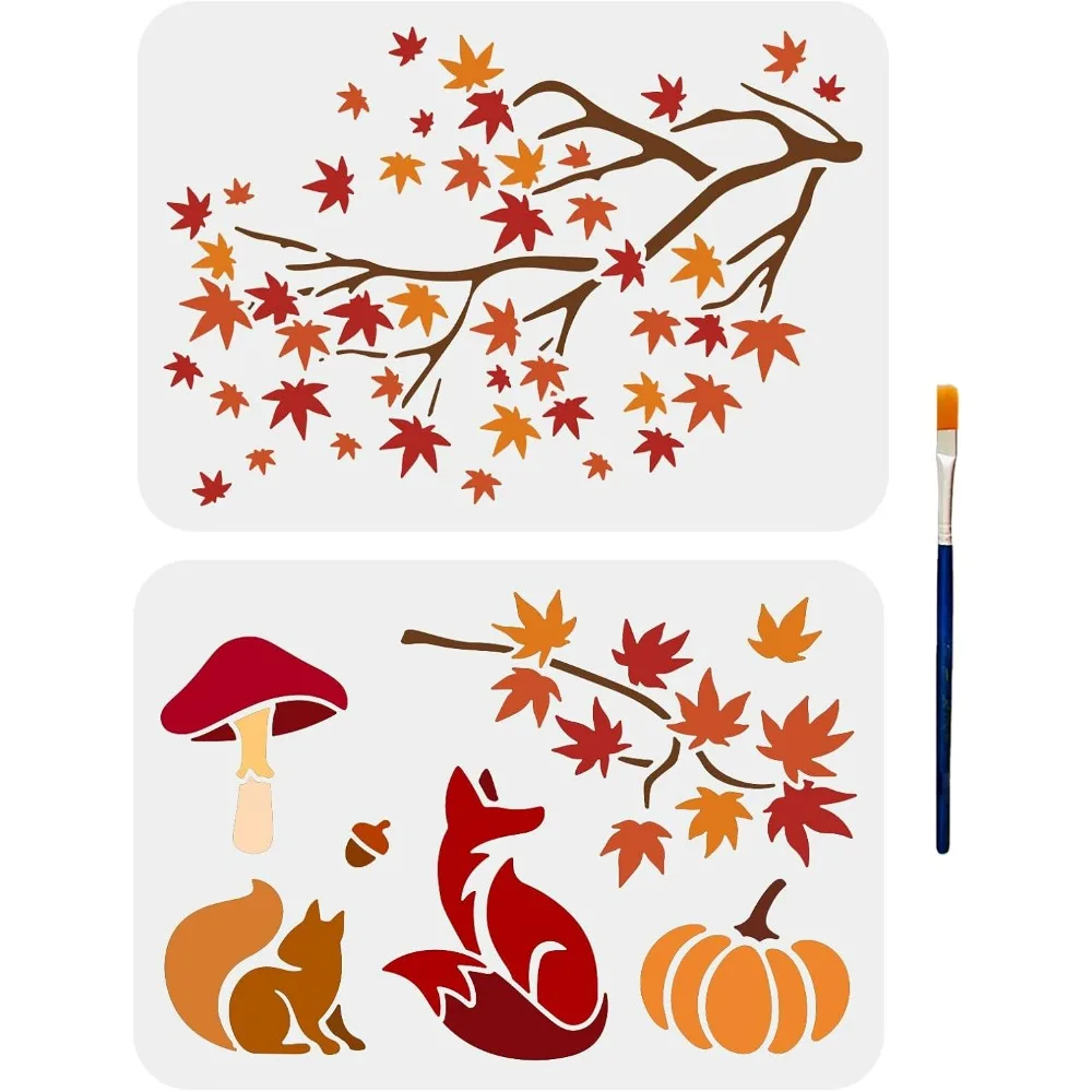 2pcs Autumn Fall Painting Stencils Maple Leaf Mushroom Fox Squirrel Pumpkin Stencils with 1pc Paint Brush 11.7×8.3inch Reusable