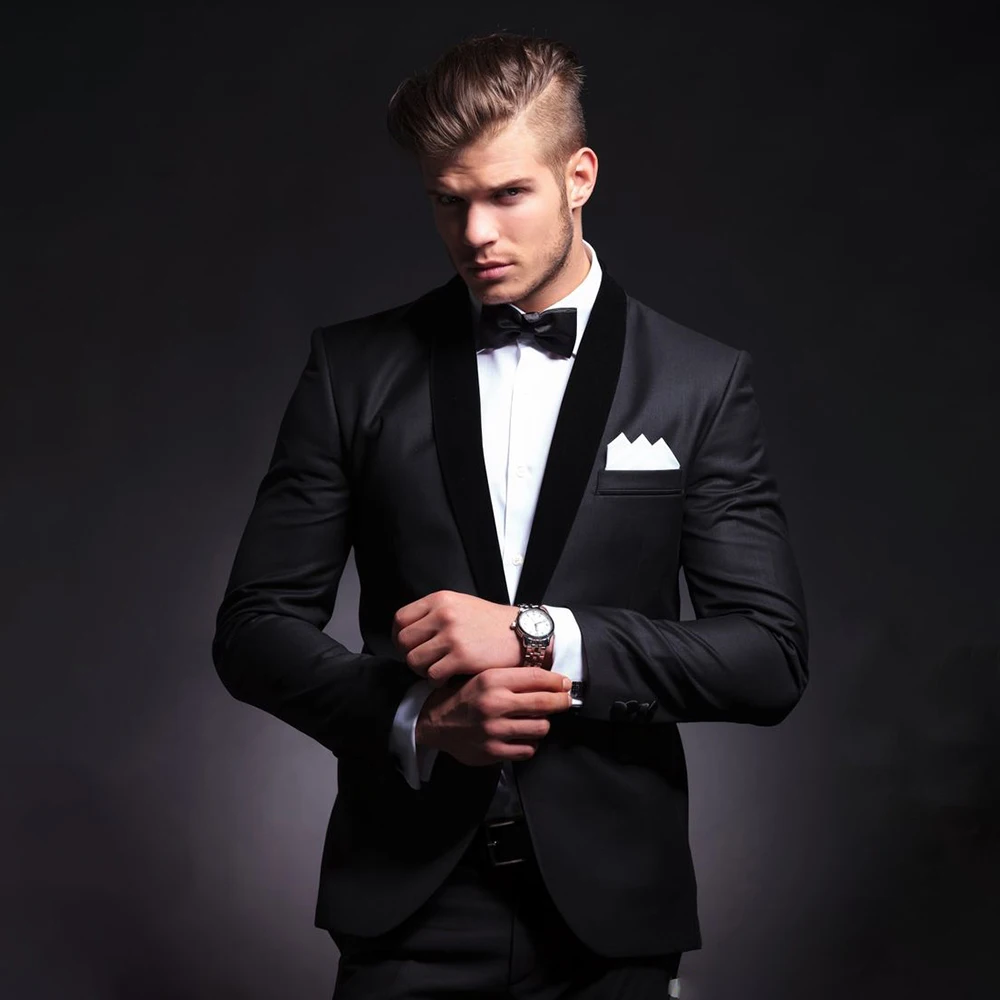 

Black Men Suits Slim 2 Piece Fashion Shawl Lapel Single Button Smart Casual Wedding Groom Tuxedo Male Suit Blazer with Pants