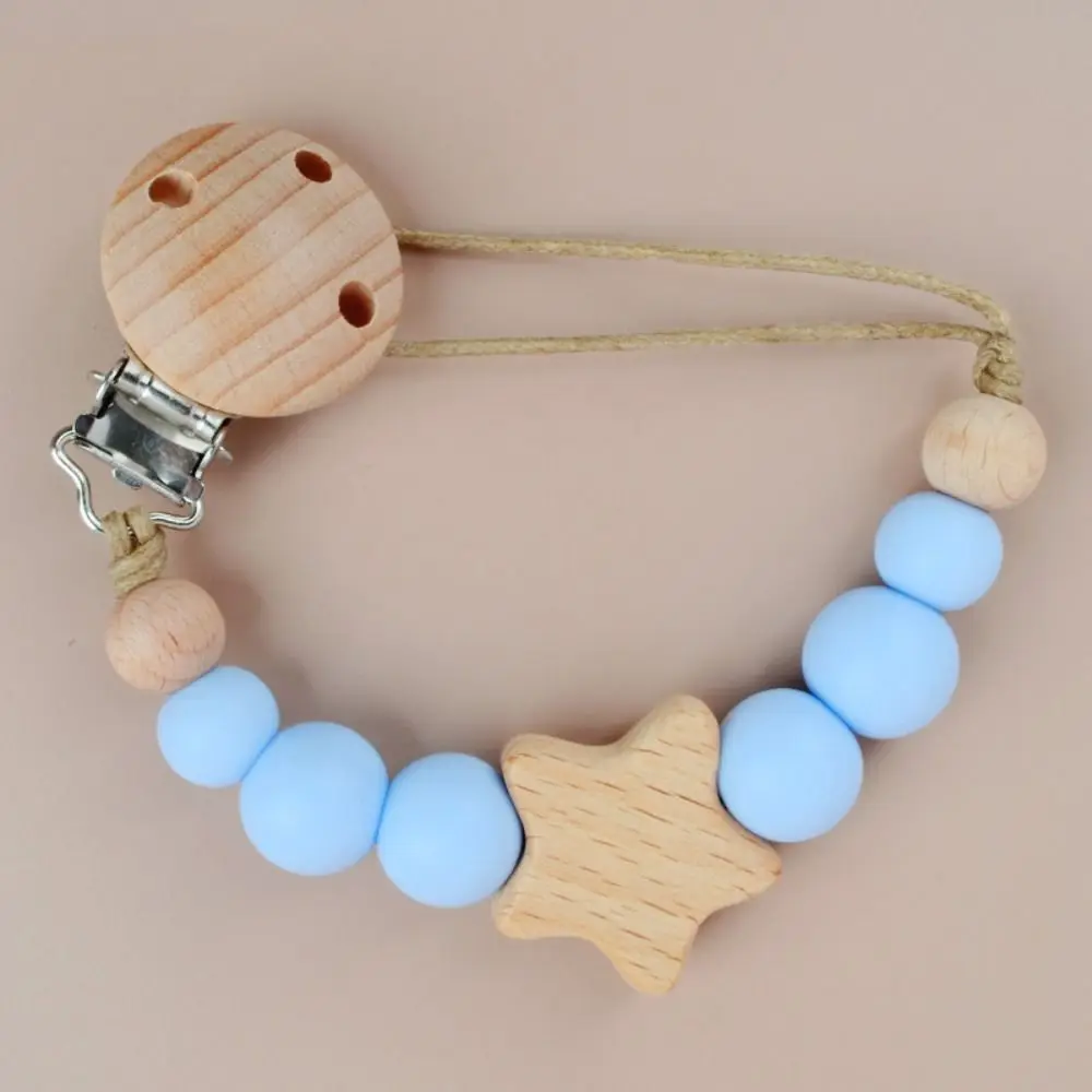 Dummy Clips Pacifier Holder Clips Star Soother Holder Baby Pacifier Chain Wood Nipple Holder Clips Baby Teether Toys Straps