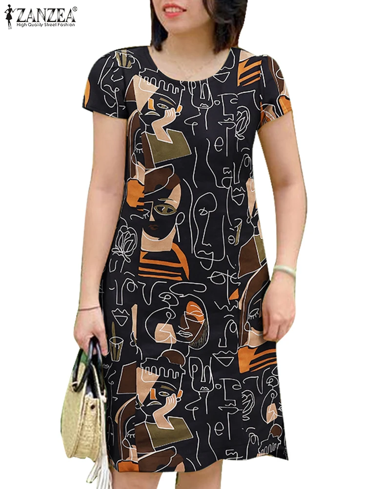 2025 여성 여름 Sundress ZANZEA 빈티지 꽃 프린트 드레스 Bohemain 무릎 길이 휴가 드레스 캐주얼 반소매 Vestidos