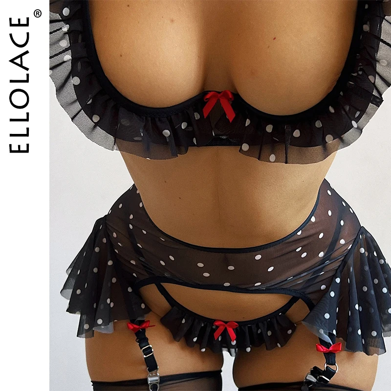 

Ellolace Sensual Sexy Underwear Women Coquette Starry Ruffled 5PC Fancy Underwer Sissy Sheer Polka Dot Choker Witty Low-cut Set