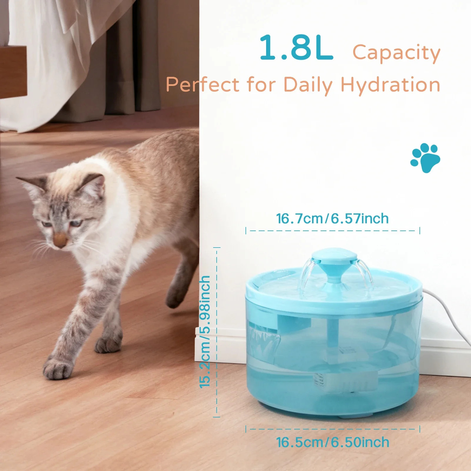 نافورة مياه للقطط، 1.8 لتر/60.87 أونصة، موزع مياه للحيوانات الأليفة، هادئ للغاية، مع فلتر - مناسبة للقطط والكلاب الصغيرة