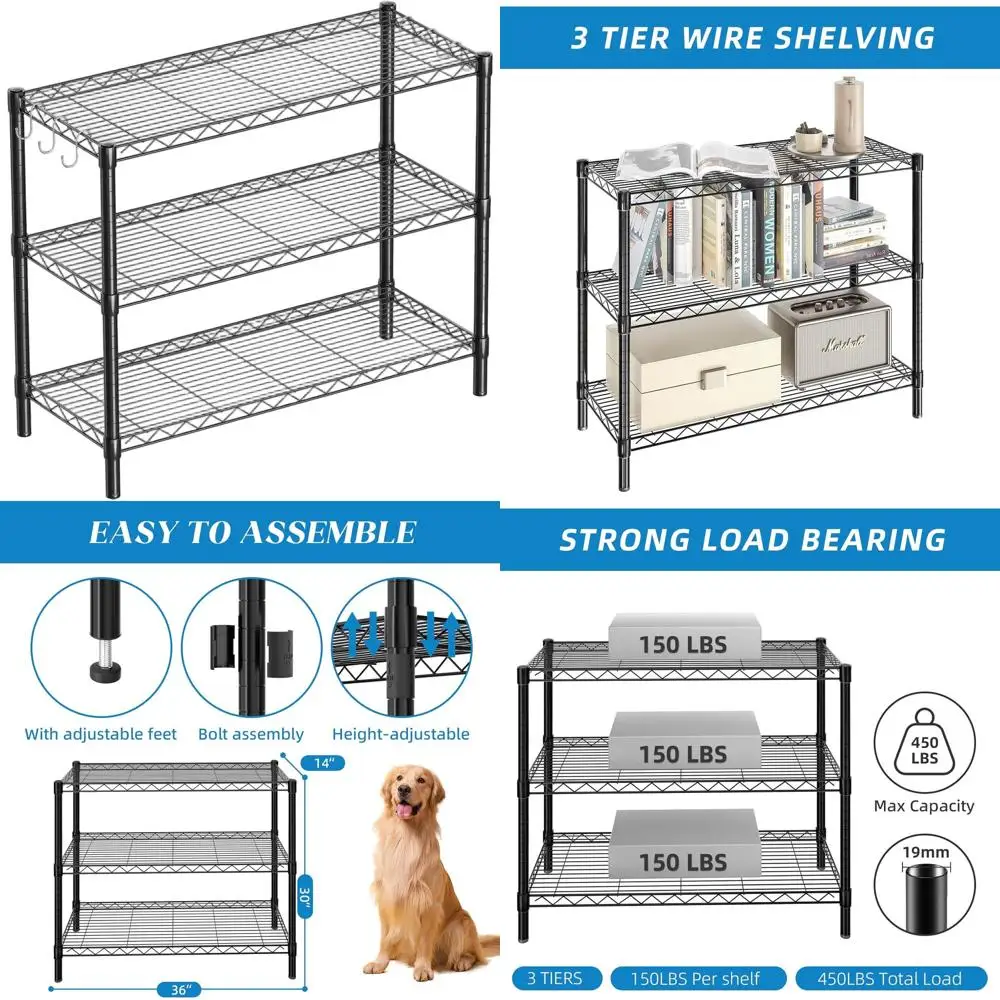Estante de arame de metal de 3 camadas ajustável para armazenamento doméstico e de escritório - preto, 36L x 14W x 30H