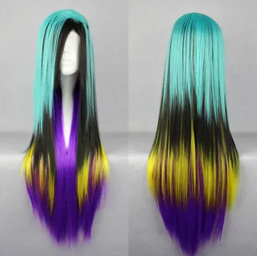 Peluca de pelo largo y liso Lolita, color azul, negro, amarillo y morado, envío gratis, gran oferta