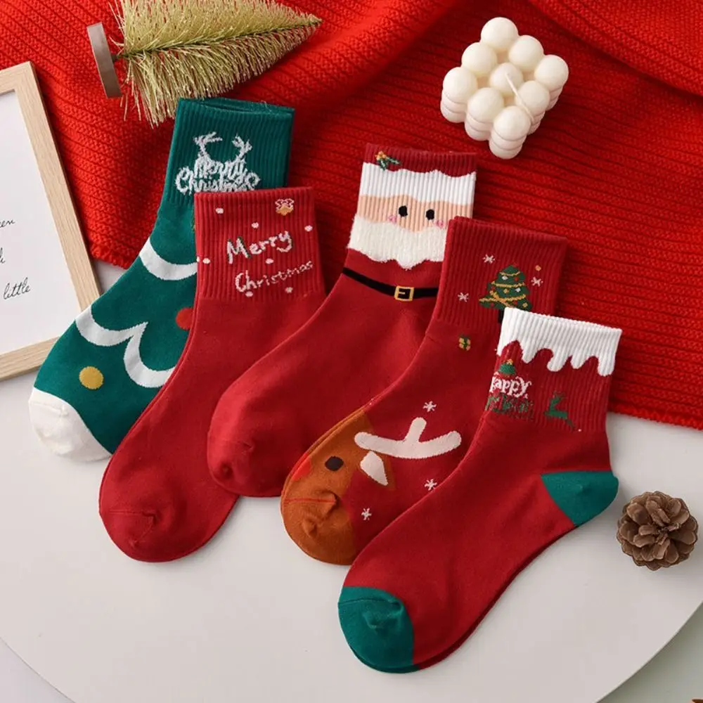 5Pairs Cute Cartoon Christmas Socks Elk Snowman Mid-calf Socks Hosiery Patchwork Santa Claus Tube Sock Girl