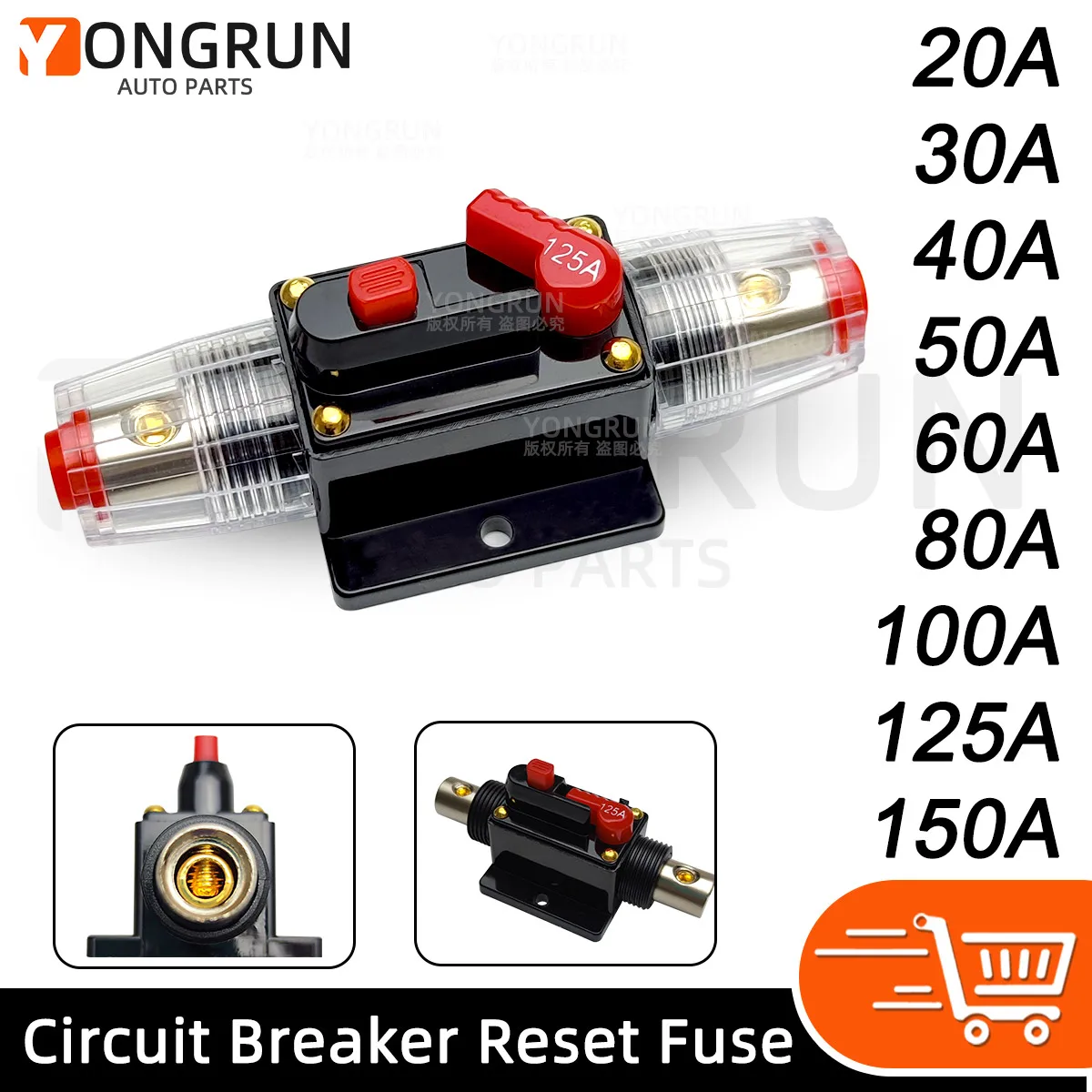 Disjuntor com Reset Manual para Carro, Disjuntor Marinho Impermeável, Fusível para Sistema de Áudio, 12V, 48V, DC, 20A a 150A
